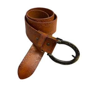 Linea Pelle Leather Belt Womens Small Brown Embossed Brass Buckle Horseshoe
